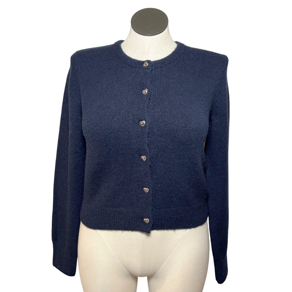 Oak + Fort Womens Medium Navy Blue Cardigan Heart Button Minimalist Preppy